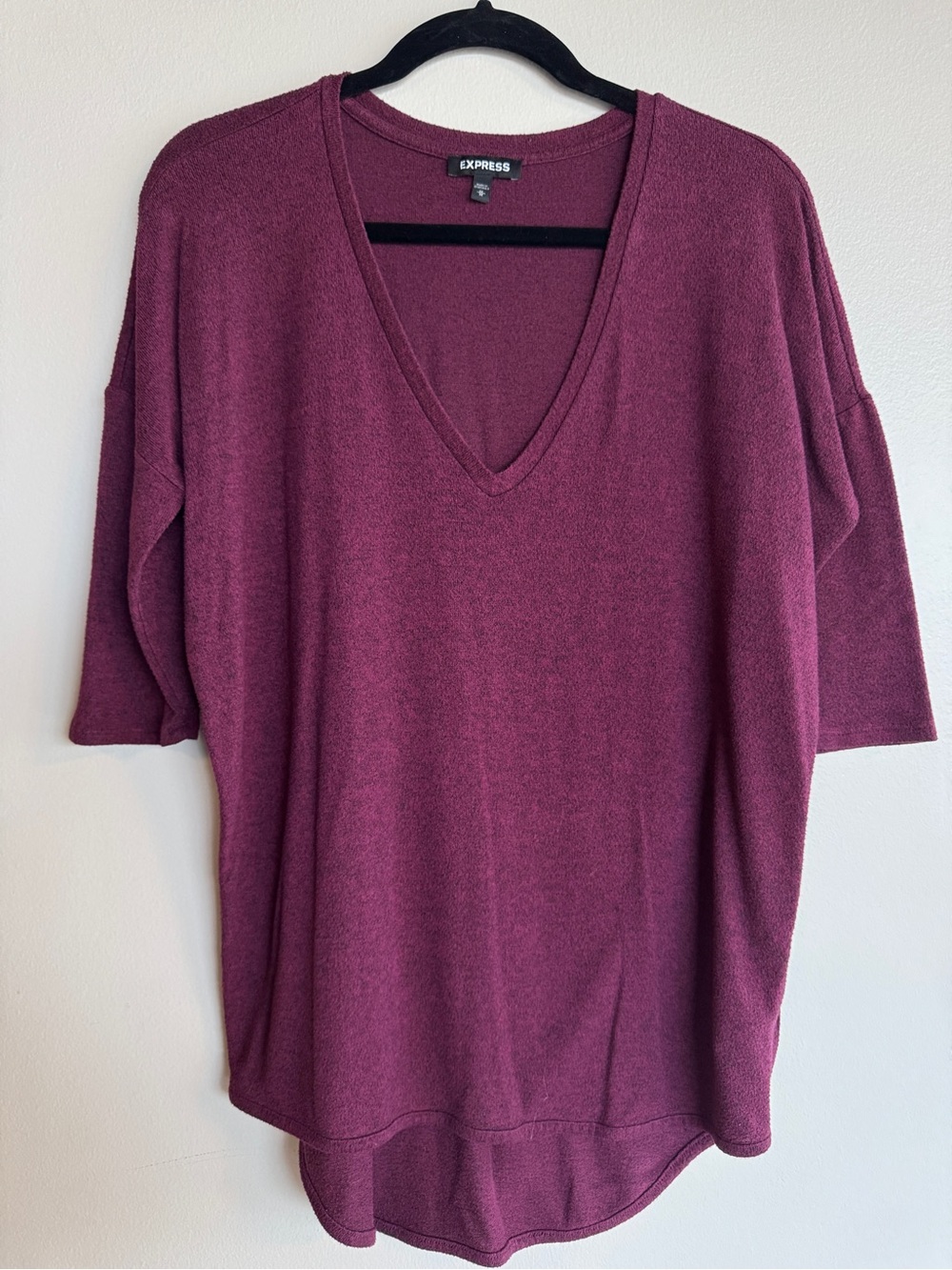 EXPRESS Burgundy Plum V Neck Oversized High Low Cozy Knit Tunic Sweater Medium M